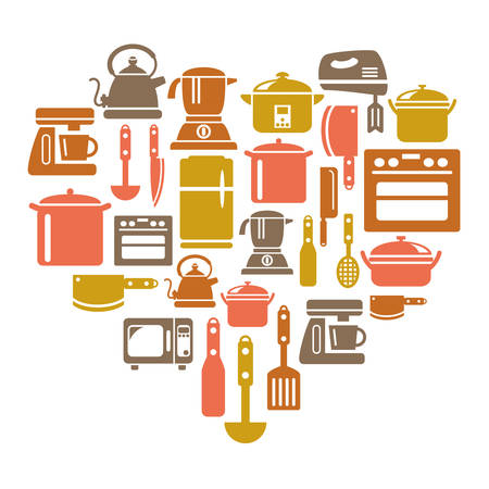 Kitchen Utensils and Appliances Icons in Heart Shapeのイラスト素材