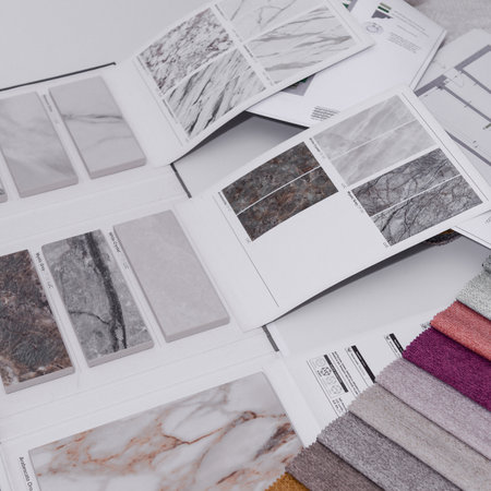 Essential part of the project for interior designer. Picking material and color. Grey, black and white colors mostly on a workplace.の写真素材