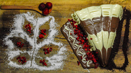 Pancake topped with white and dark chocolate on a wooden board. Together with white sugar and...