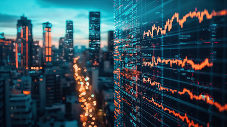 A fractured stock market analysis banner with holographic futuristic cyber aesthetics.の素材