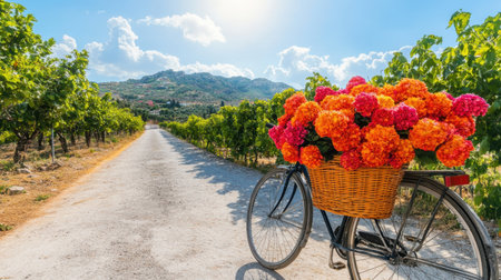 A bicycle with a wicker basket full of fresh flowers, parked on a sunny countryside path.の素材