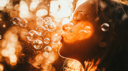 A child blowing bubbles in the park, with iridescent spheres floating through the warm summer air.の素材