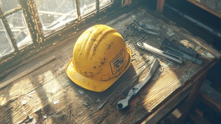 A bright yellow hardhat resting beside precision tools on an aged wooden surface, captured in ultra-realistic detail with warm sunlight effects.の素材