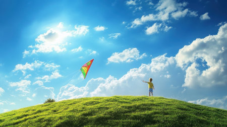 A child joyfully playing with a colorful kite on a grassy hill, with a clear blue sky and fluffy clouds above.の素材