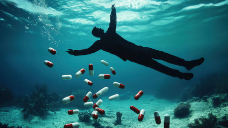 A cinematic underwater perspective where a prescription bottle falls weightlessly, with capsules floating nearby.の素材