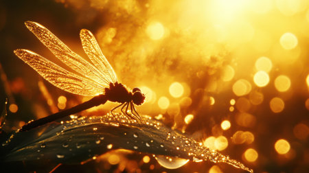 A close-up of a dragonfly resting on a dewdrop-covered leaf, glowing in the golden morning sunの素材