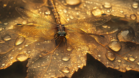A close-up of a dragonfly resting on a dewdrop-covered leaf, glowing in the golden morning sun.の素材