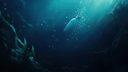 A dark blue underwater scene where a medicine bottle drifts slowly, releasing tiny bubbles as it sinks.の素材