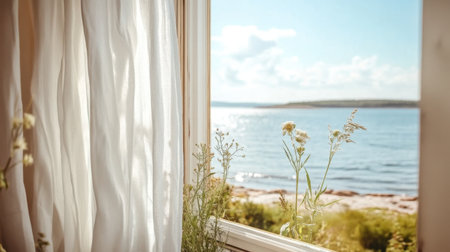 A cozy seaside cottage with an open window, white curtains flowing in the ocean breeze.の素材