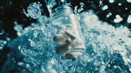 A deep blue aquatic scene where a translucent pill bottle releases its contents into the weightless void.の素材