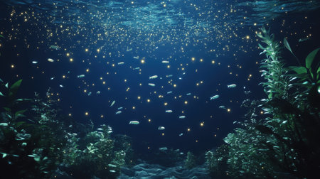 A deep ocean scene where pills sink like falling stars, illuminated by eerie bioluminescent light.の素材