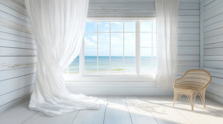 A cozy seaside cottage with an open window, white curtains flowing in the ocean breeze.の素材