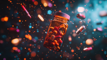 A deep-sea setting where a medicine bottle hovers motionlessly, surrounded by glowing, suspended pills.の素材
