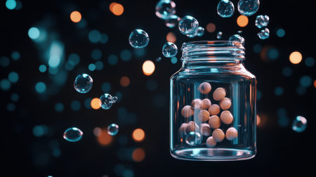 A floating pill bottle illuminated by refracted light, its tablets hovering as bubbles dance upward.の素材