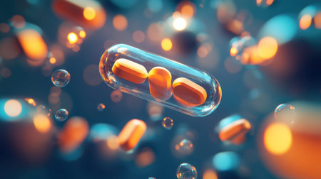 A floating pill bottle illuminated by refracted light, its tablets hovering as bubbles dance upward.の素材