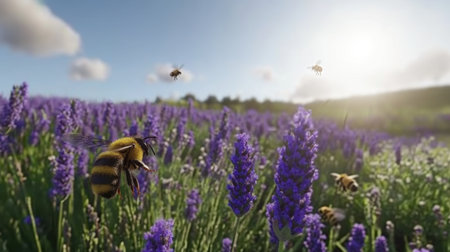 A field of lavender in full bloom, bees buzzing around the fragrant purple flowers in the warm sun.の素材