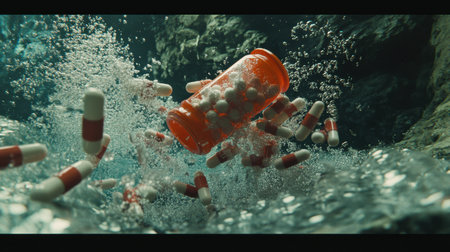 A dreamlike image of a pill bottle tumbling in water, its tablets scattering in slow, graceful arcs.の素材