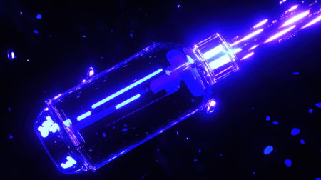 A futuristic underwater vision of a sinking medicine bottle, illuminated by refracted beams of blue light.の素材