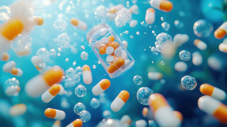 A futuristic underwater setting with a pill bottle suspended in motion, bubbles surrounding floating tablets.の素材