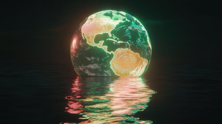 A futuristic vision of a glowing Earth with neon-like energy, with empty space for headlines.の素材