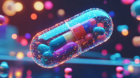 A glowing pill bottle suspended mid-motion, with bright tablets and bubbles reflecting soft light.の素材