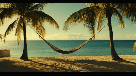 A hammock tied between two palm trees, gently swaying above the golden sand with the ocean in the background.の素材