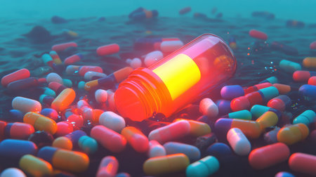 A glowing prescription bottle sinks, illuminating colorful pills in its wake, creating an eerie underwater scene.の素材