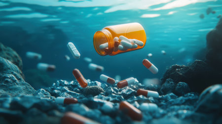 A glowing underwater scene where prescription pills drift weightlessly from a floating bottle.の素材