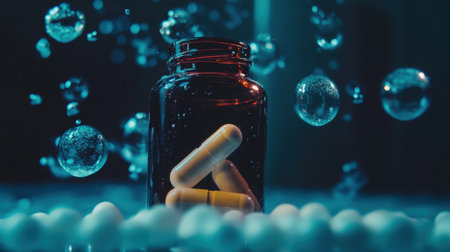 A haunting underwater composition where pills float near a medicine bottle, bubbles creating soft distortions.の素材