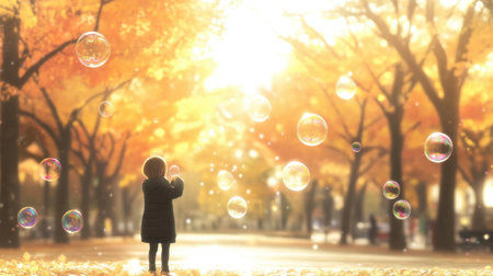 A child blowing bubbles in the park, with iridescent spheres floating through the warm summer air.の素材