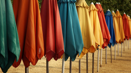 A colorful row of beach umbrellas lining the shore, creating a vibrant contrast against the golden sand.の素材