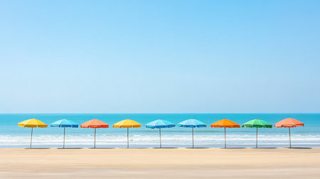 A colorful row of beach umbrellas lining the shore, creating a vibrant contrast against the golden sand.の素材
