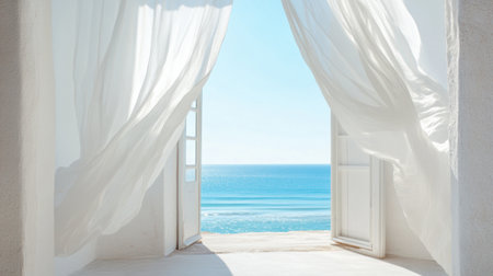 A cozy seaside cottage with an open window, white curtains flowing in the ocean breeze.の素材