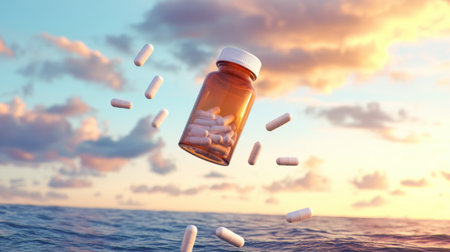 A floating medicine bottle gently sinks, its capsules forming an ethereal halo around it.の素材