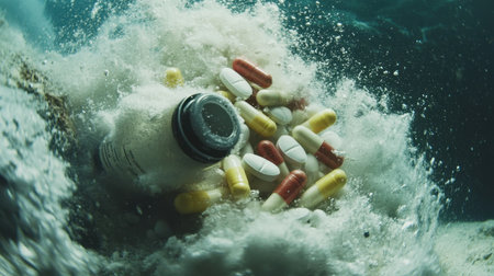 A high-speed capture of an overturned medicine bottle, its pills dispersing in slow-motion underwater.の素材