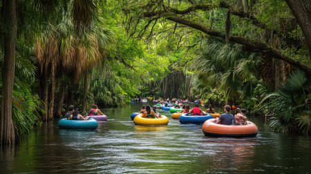 A lazy river winding through a lush green forest, with people floating on colorful inflatable tubes.の素材