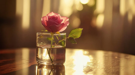 A lonely rose standing in a glass vase, lit by soft natural light, with a blurred background.の素材
