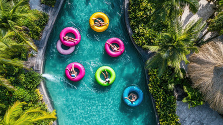 A lazy river winding through a lush green forest, with people floating on colorful inflatable tubes.の素材
