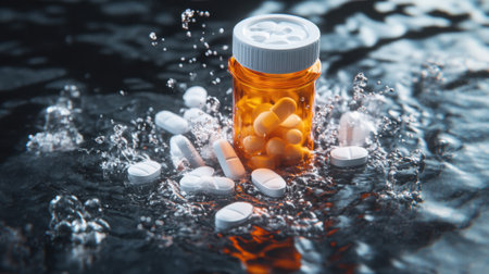A mysterious underwater image of a prescription bottle tumbling in slow motion, surrounded by dissolving medication.の素材