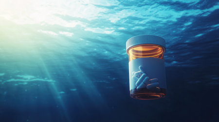 A minimalist underwater perspective of a prescription bottle floating still, light refracting around its contents.の素材
