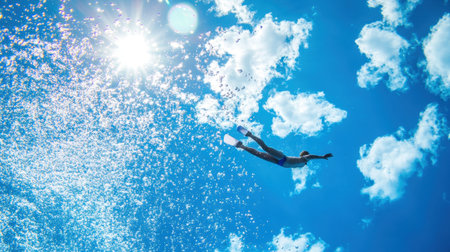 A person diving into a sparkling blue pool, creating a dramatic splash as the summer sun shines overheadの素材