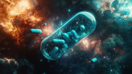 A pill bottle submerged in a glowing blue liquid, its pills orbiting like tiny celestial bodies.の素材