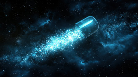 A pill bottle sinking into dark waters, its pills glowing faintly as they spread into the surrounding spaceの素材