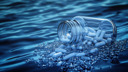 A pill bottle gently falls into a deep ocean trench, its capsules and bubbles rising toward the surface.の素材