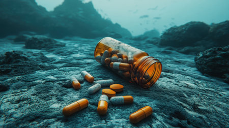A pill bottle cracks open on the ocean floor, releasing a cascade of pills that spread in all directions.の素材