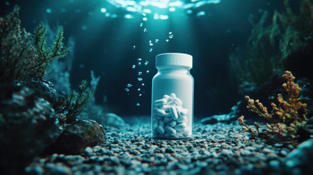 A pill bottle drifts through dark ocean depths, its contents suspended mid-water, glowing softly in the dim light.の素材