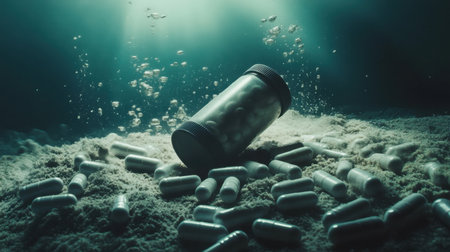 A pill bottle resting on the ocean floor, surrounded by a halo of scattered pills and soft, ambient light.の素材