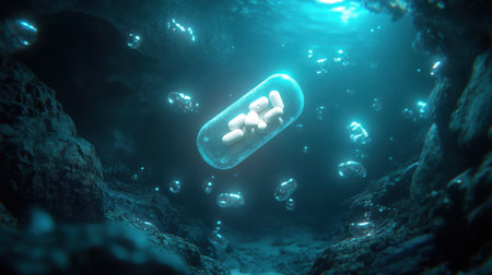 A pill bottle gently sways underwater, with glowing tablets and bubbles floating around it.の素材