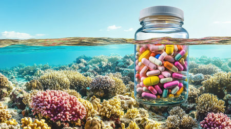 A prescription bottle floats near a coral reef, colorful pills blending into the natural marine beauty.の素材
