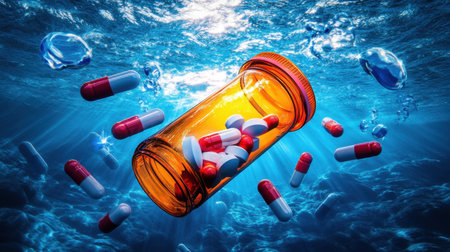 A prescription bottle sinks into a surreal underwater world, surrounded by floating pills and refracted light beams.の素材